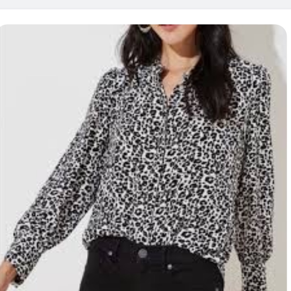 Loft black white cheetah print button down too small petite